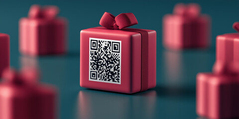 Floating QR code coupon with glowing shopping icons in a digital savings environment