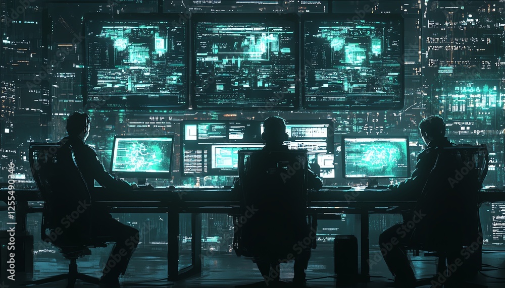 Aufkleber Digital illustration of four men sitting at a desk with multiple hightech computers and large monitors in a futuristic command center