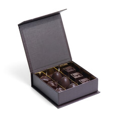 Box with tasty chocolate candies isolated on white