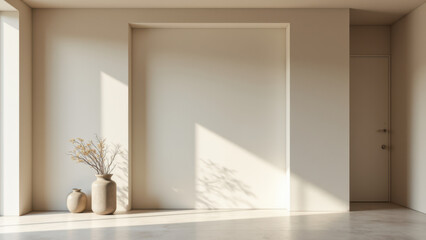 Modern minimalist interior with sunlight streaming through a window onto white walls featuring acoustic panels.