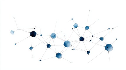 Abstract watercolor network design with blue circles and connecting lines on a white background