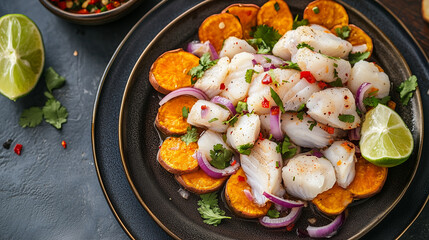 A plate of Peruvian ceviche, fresh white fish marinated in lime juice, mixed with red onions, cilantro, and sweet potato slices. 