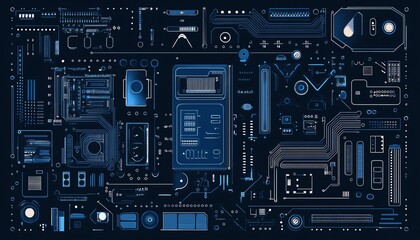 Fototapeta premium Minimalistic circuit board blueprint on a dark blue background, clean lines and modern technology design, digital art