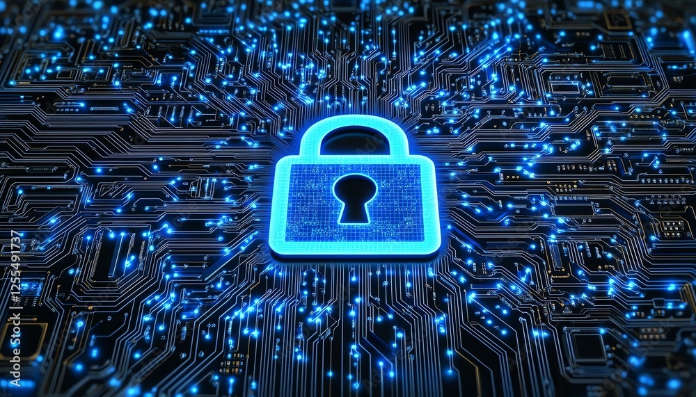 Poster Padlock icon 3D rendered on top of a computer circuit board, illustrating secure digital systems and encryption technology