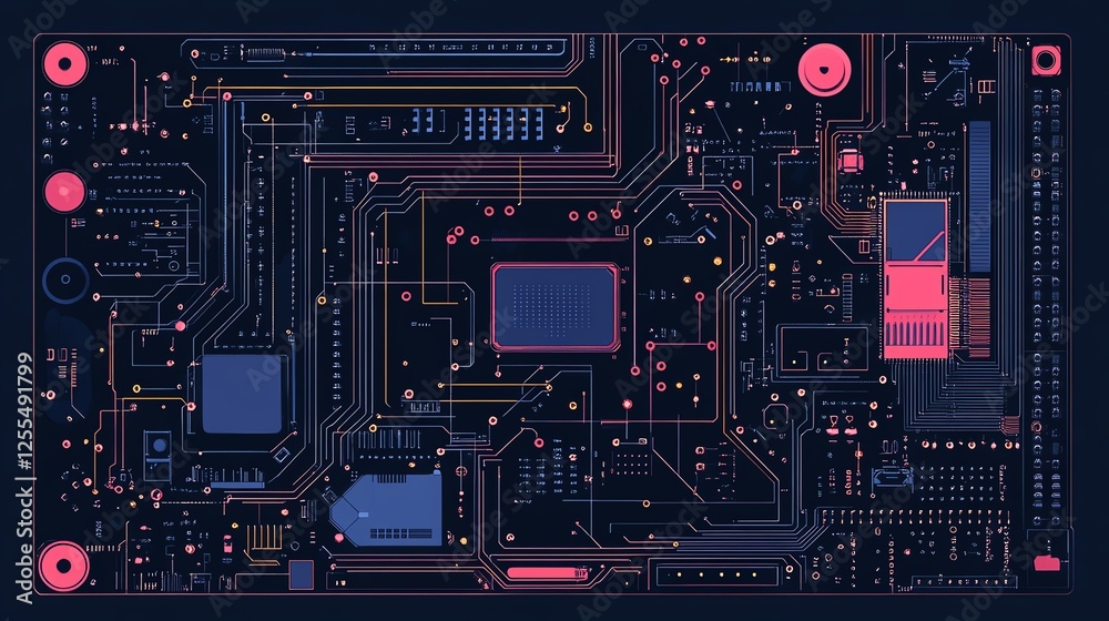 Fototapete minimalistic circuit board design on a dark blue background, digital blueprint with clean lines and 
