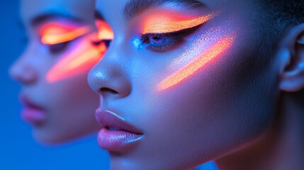 Obraz premium Woman with neon UV makeup and colorful face patterns, glowing softly; abstract artistry blending light and identity