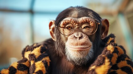A whimsical chimpanzee with stylish glasses and a leopard print blanket invites a smile, showcasing a playful and humorous side of nature through vivid expression.