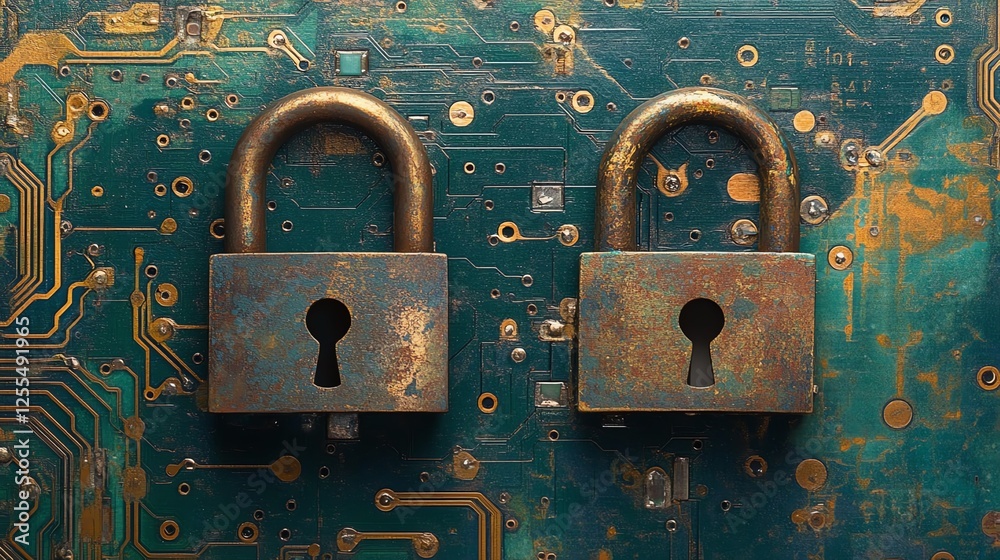 Poster Padlock on top of a computer circuit board in 3D rendering, representing secure technology, data privacy, and encryption