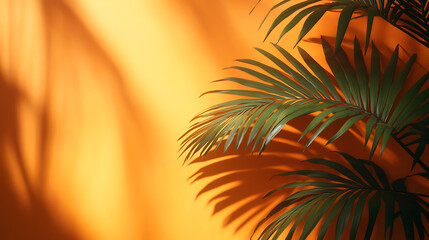 Tropical palm leaves natural shadow overlay on orange texture background