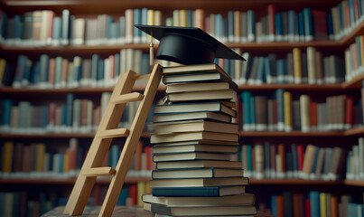 Graduation cap on a stack of books with a ladder in a library; concept of education, learning, and academic success.