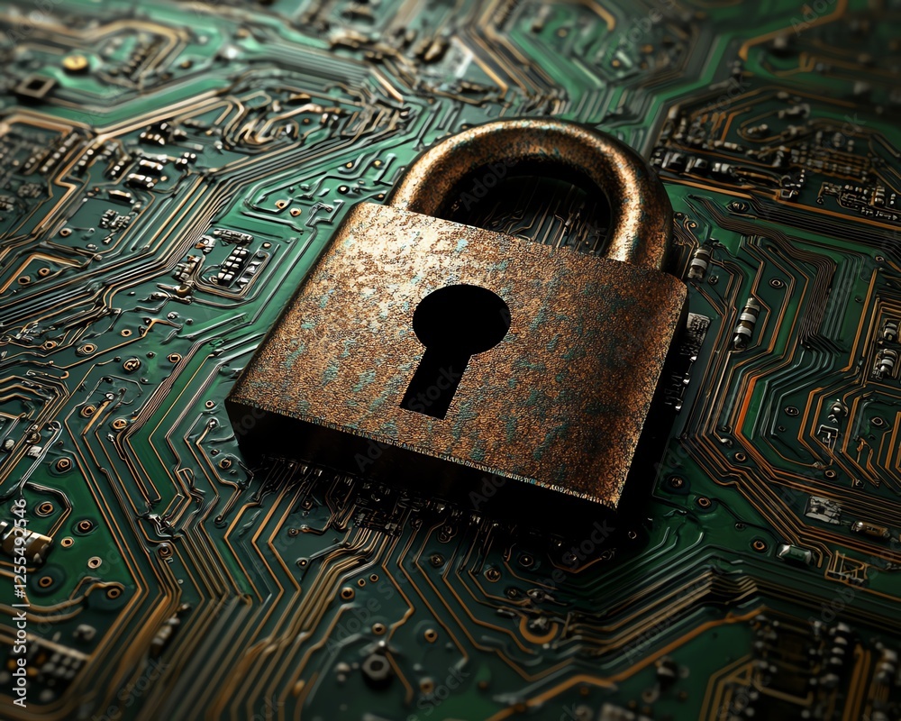Aufkleber 3D rendered padlock icon on a computer circuit board, symbolizing the fusion of security and technology in digital systems