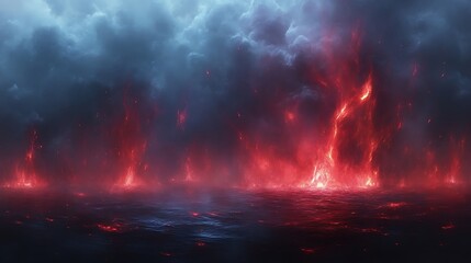 Fiery Infernal Landscape Beneath a Stormy Sky