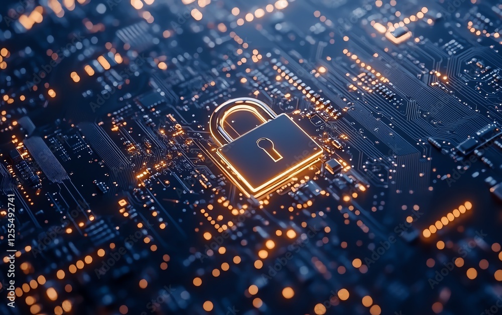 Fototapete 3D rendering of a computer circuit board with a padlock icon placed on top, symbolizing data security and technology