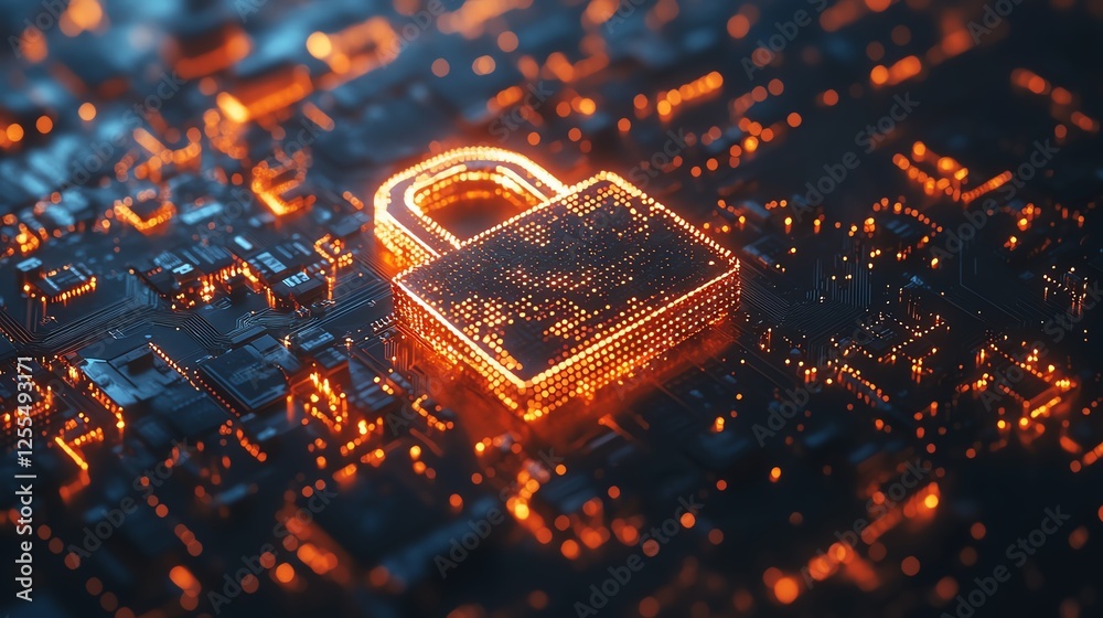 Aufkleber 3D rendering of a padlock icon placed on top of a computer circuit board, symbolizing digital security and encryption