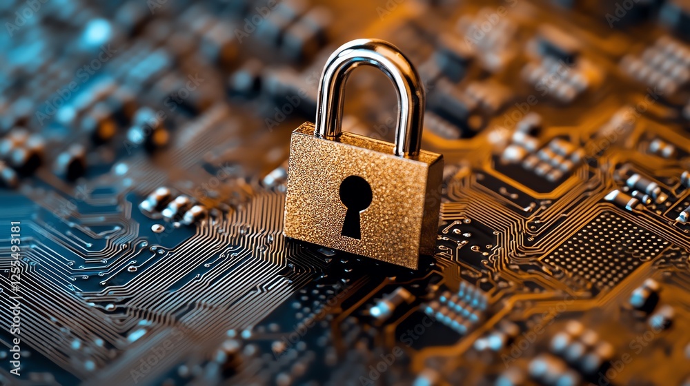 Poster 3D rendering of a padlock icon placed on top of a computer circuit board, symbolizing digital security and encryption
