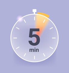 Five minutes clock icon in glass morphism style. Time vector symbol illustration