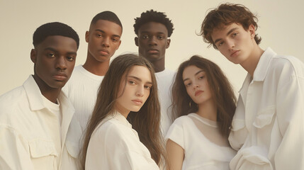Obraz premium a group of models in white posing for an advertisement on a neutral background.