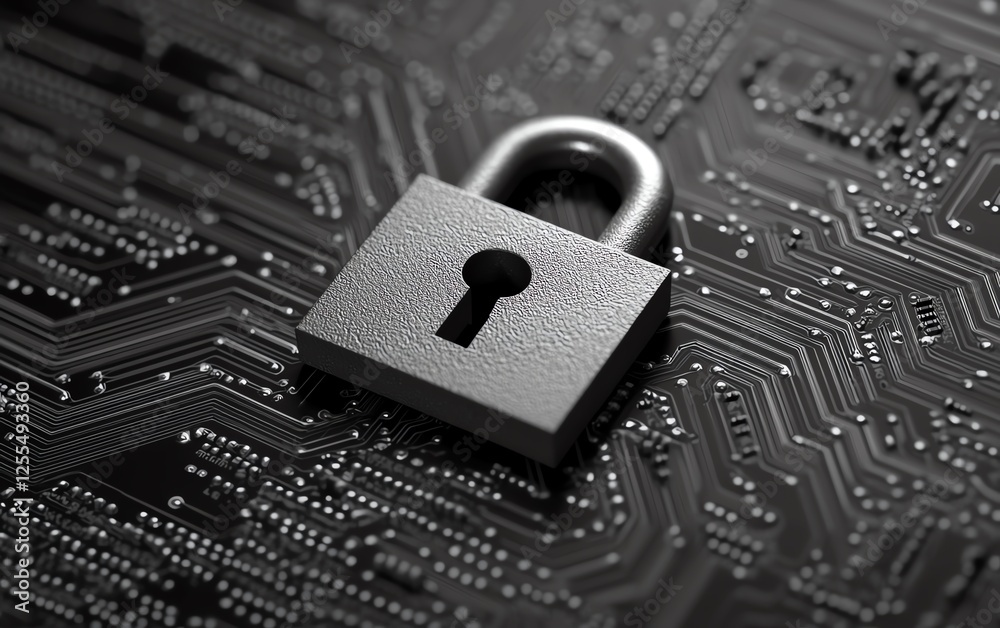 Fototapete 3D rendering of a padlock icon on a circuit board, illustrating cybersecurity, encryption, and secure data systems in a digital world