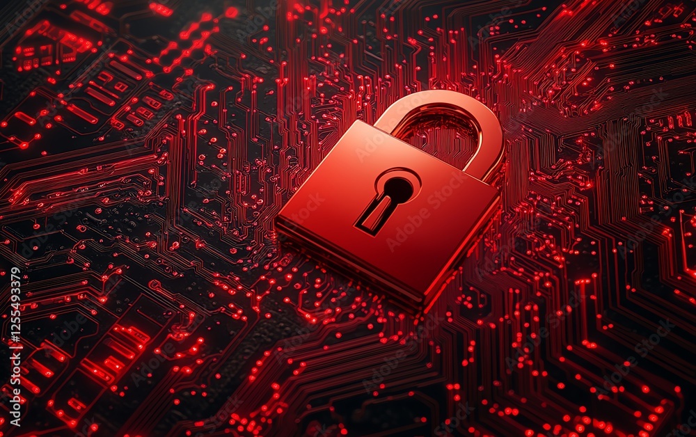Aufkleber 3D rendering of a padlock icon on a circuit board, illustrating cybersecurity, encryption, and secure data systems in a digital world