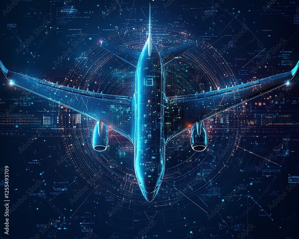 Poster abstract aerospace concept with an airplane at the center, futuristic interface in the middle, digit