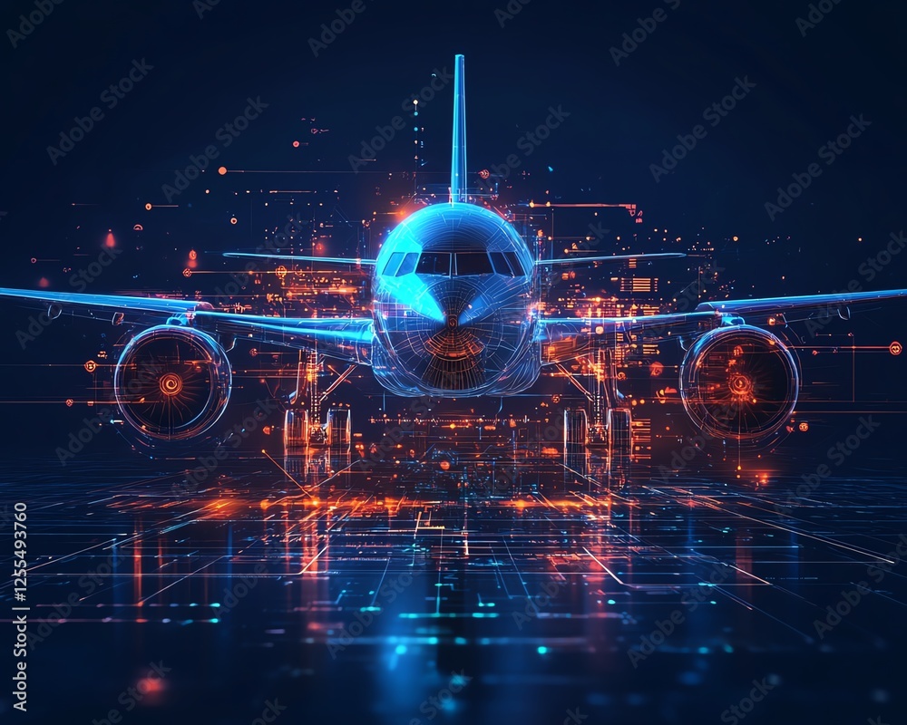 Poster abstract aerospace concept with an airplane at the center, futuristic interface in the middle, digit