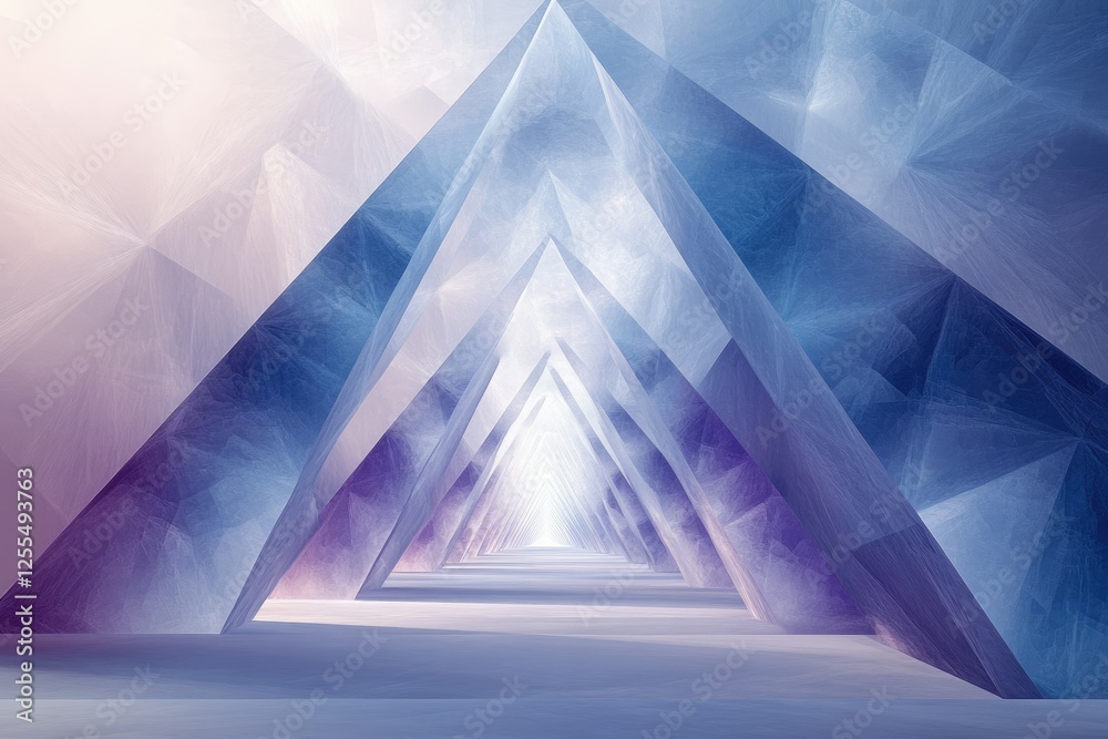 Poster Abstract geometric hallway with converging triangular structures, ethereal and glowing in purple and blue hues.