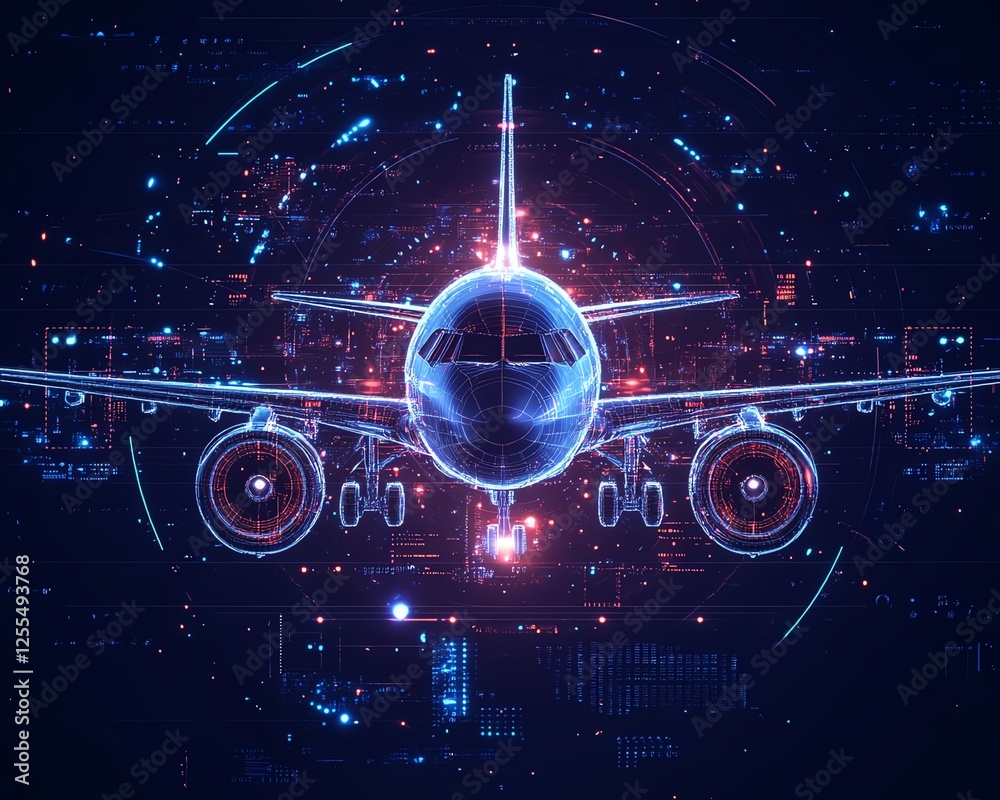 Poster abstract aerospace concept with an airplane at the center, futuristic interface in the middle, digit