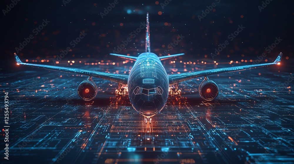 Aufkleber abstract digital art of an airplane with a futuristic interface at the center, aerospace and aeronau