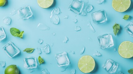 Lime, mint, ice cubes on blue background; summer drink concept