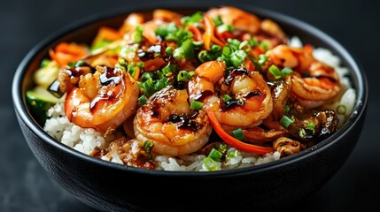 This vibrant shrimp rice bowl features saut&eacute;ed shrimp, vibrant vegetables, and a delightful assortment of tastes, making it a perfect meal for seafood lovers.