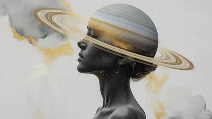 Surreal image of a woman with the planet Saturn on her head, made in gold and gray tones in a minimalist style