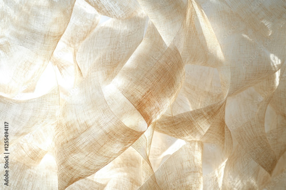Poster light-filtering beige linen fabric, intricately draped and showcasing its textured weave.