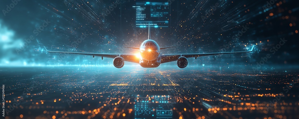 Poster Airplane in the center of the image with a futuristic interface, abstract digital aerospace and aeronautics design, advanced technology