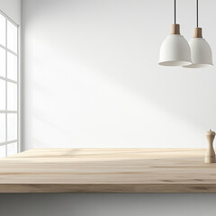 Empty wooden table in the kitchen
 in 3d style for product presentation and advertising