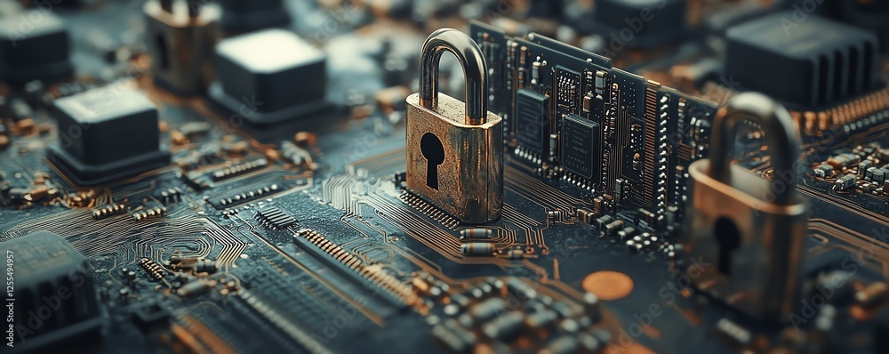 Poster Circuit board with multiple padlocks closeup, showcasing the importance of data privacy compliance and encryption security