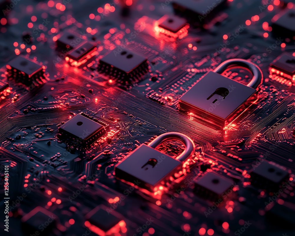 Poster circuit board with padlocks arranged in a closeup shot, ensuring data privacy compliance, encryption
