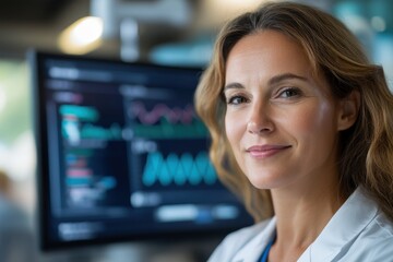 A confident female doctor stands in front of a screen displaying health data analytics, portraying professionalism and advanced medical technology in her practice.