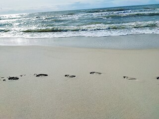 footprints pressed into the sand on the beach of the Baltic Sea