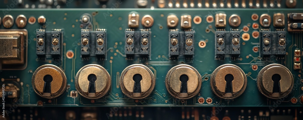 Poster Closeup of a circuit board with multiple padlocks arranged, symbolizing data privacy compliance and cybersecurity protection