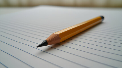 Close-up shot of a sharpened yellow pencil resting on lined notebook paper, ready for writing or drawing.  Perfect for education, back-to-school, or office concepts.