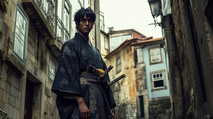 Naklejka premium ポルトの古い町並みを背に侍が静かに佇む、時代を超えたシンプルなショット