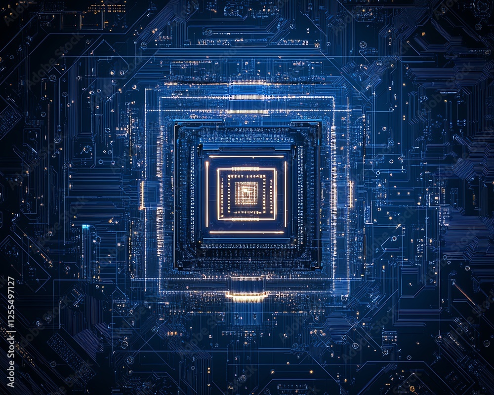 Aufkleber digital circuit board design in minimalistic blueprint style on dark blue background, sleek and futu
