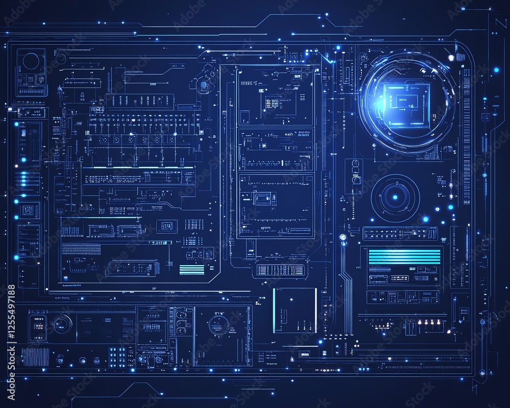 Aufkleber digital circuit board design in minimalistic blueprint style on dark blue background, sleek and futu