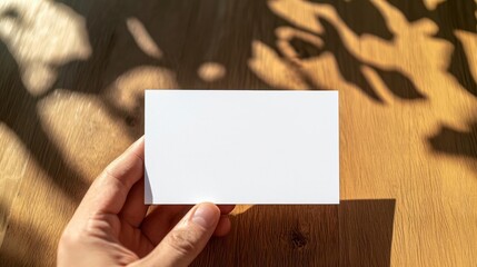 Obraz premium Hand Holding Blank Business Card On Wooden Table With Sunlight And Shadows