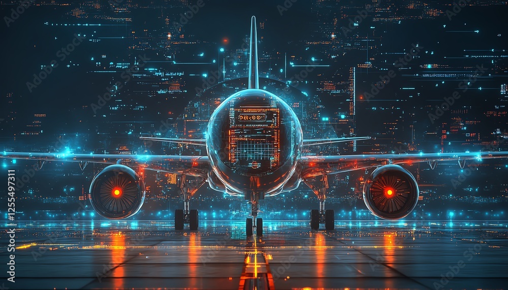 Poster digital illustration of a futuristic airplane with an interface in the center, abstract aeronautics 