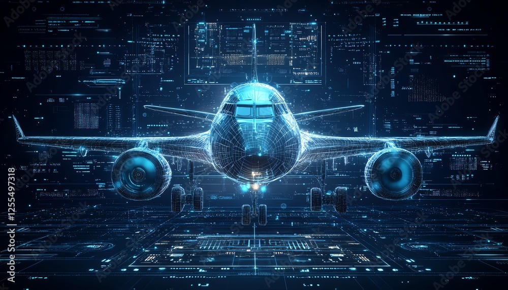 Aufkleber digital illustration of a futuristic airplane with an interface in the center, abstract aeronautics 