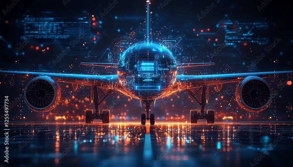 Aufkleber digital illustration of a futuristic airplane with an interface in the center, abstract aeronautics 