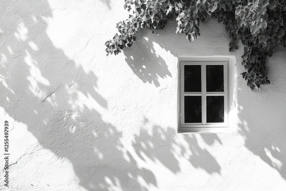 Poster a whitewashed wall with a small window, partially covered by climbing ivy, casts shadows from the su