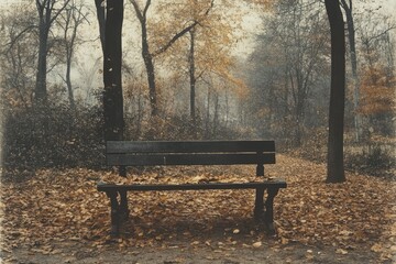 A solitary bench sits in an autumnal park, covered in fallen leaves, under a canopy of trees.