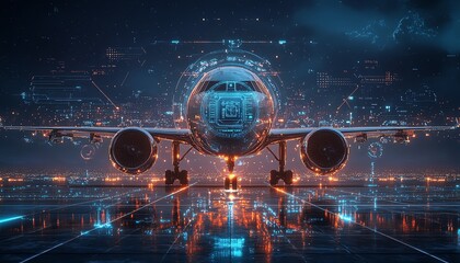 Digital illustration of an airplane with a futuristic interface at the center, abstract aerospace and aeronautics concept, hightech design